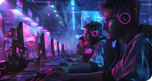 Een slecht verlichte gamingruimte met geconcentreerde spelers die een headset dragen en in een rij zitten. Neonroze en -blauwe lampen verlichten hun computerschermen.